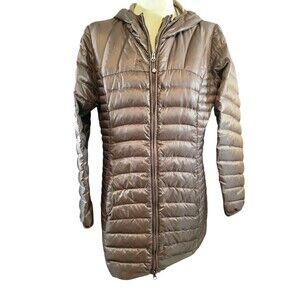 Eddie Bauer Coat Womans Large  Down Puffer Down Jacket Long Zip Hooded Outdoor